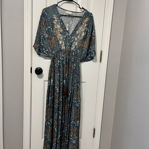 NWT Cost Plus World Market Teal & Brown Floral Maxi Dress